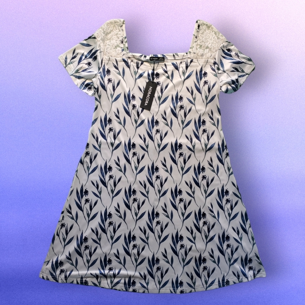 Noracora A-Line Dress, White with Blue Flowers and Lace Shoulders, Size L
